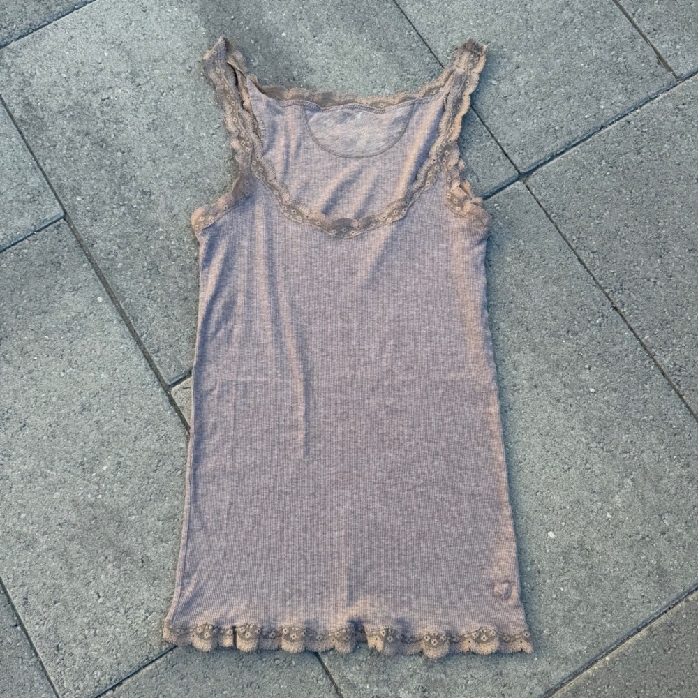 American Eagle Ribbed Lace Trim Tank Top Taupe Brown Sleeveless Scoop Neck
